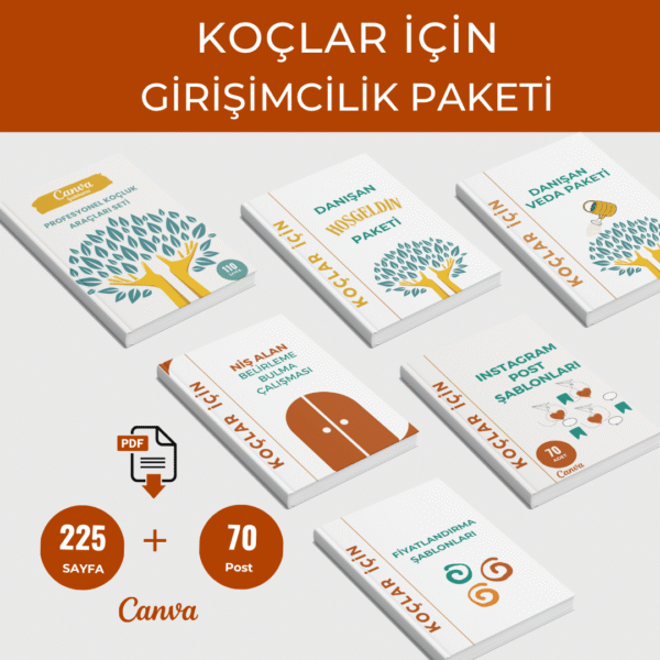 Koçlar için Girişimcilik Paketi (Canva & PDF) Niş Alan Belirleme, Fiyatlandırma, Instagram Postları, Danışan Hoşgeldin Paketi, Profesyonel Koçluk Araçları, Danışan Veda Paketi